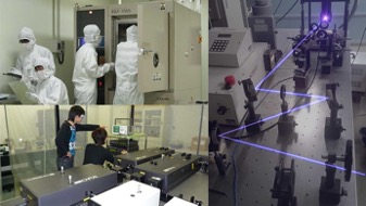 画像の説明　（左上）クリーンルーム内での実験風景、（左下）時間分解分光実験、(右)レーザ分光イメージ